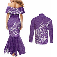 Polynesia Couples Matching Mermaid Dress and Long Sleeve Button Shirts Plumeria Purple Curves LT7 - Polynesian Pride
