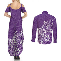 Polynesia Couples Matching Summer Maxi Dress and Long Sleeve Button Shirts Plumeria Purple Curves LT7 - Polynesian Pride