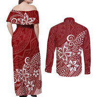 Polynesia Couples Matching Off Shoulder Maxi Dress and Long Sleeve Button Shirts Plumeria Red Curves LT7 - Polynesian Pride