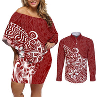 Polynesia Couples Matching Off Shoulder Short Dress and Long Sleeve Button Shirts Plumeria Red Curves LT7 Red - Polynesian Pride