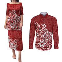 Polynesia Couples Matching Puletasi Dress and Long Sleeve Button Shirts Plumeria Red Curves LT7 Red - Polynesian Pride
