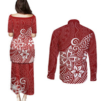 Polynesia Couples Matching Puletasi Dress and Long Sleeve Button Shirts Plumeria Red Curves LT7 - Polynesian Pride