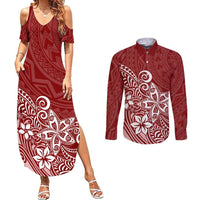 Polynesia Couples Matching Summer Maxi Dress and Long Sleeve Button Shirts Plumeria Red Curves LT7 Red - Polynesian Pride
