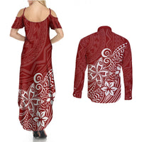 Polynesia Couples Matching Summer Maxi Dress and Long Sleeve Button Shirts Plumeria Red Curves LT7 - Polynesian Pride