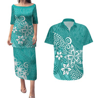 Polynesia Couples Matching Puletasi Dress and Hawaiian Shirt Plumeria Teal Curves LT7 Teal - Polynesian Pride