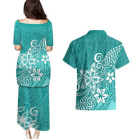 Polynesia Couples Matching Puletasi Dress and Hawaiian Shirt Plumeria Teal Curves LT7 - Polynesian Pride
