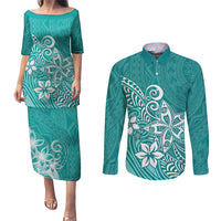 Polynesia Couples Matching Puletasi Dress and Long Sleeve Button Shirts Plumeria Teal Curves LT7 Teal - Polynesian Pride