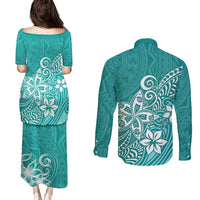 Polynesia Couples Matching Puletasi Dress and Long Sleeve Button Shirts Plumeria Teal Curves LT7 - Polynesian Pride
