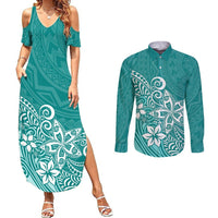 Polynesia Couples Matching Summer Maxi Dress and Long Sleeve Button Shirts Plumeria Teal Curves LT7 Teal - Polynesian Pride