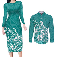 Polynesia Couples Matching Long Sleeve Bodycon Dress and Long Sleeve Button Shirts Plumeria Teal Curves LT7