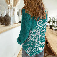 Polynesia Women Casual Shirt Plumeria Teal Curves LT7 - Polynesian Pride