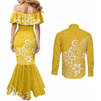 Polynesia Couples Matching Mermaid Dress and Long Sleeve Button Shirts Plumeria Yellow Curves LT7 - Polynesian Pride