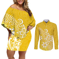 Polynesia Couples Matching Off Shoulder Short Dress and Long Sleeve Button Shirts Plumeria Yellow Curves LT7 Yellow - Polynesian Pride
