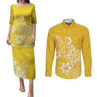 Polynesia Couples Matching Puletasi Dress and Long Sleeve Button Shirts Plumeria Yellow Curves LT7 Yellow - Polynesian Pride