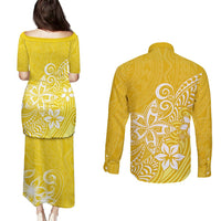 Polynesia Couples Matching Puletasi Dress and Long Sleeve Button Shirts Plumeria Yellow Curves LT7 - Polynesian Pride
