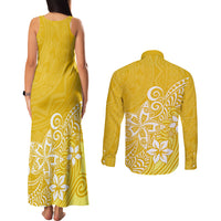 Polynesia Couples Matching Tank Maxi Dress and Long Sleeve Button Shirts Plumeria Yellow Curves LT7 - Polynesian Pride