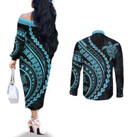 Polynesian Pride Couples Matching Off The Shoulder Long Sleeve Dress and Long Sleeve Button Shirts Turtle Hibiscus Luxury Style - Aquamarine LT7 - Polynesian Pride