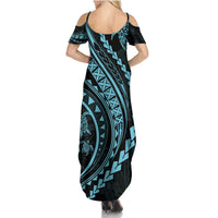 Hawaii Family Matching Outfits - Polynesian Pride Summer Maxi Dress and Shirt Turtle Hibiscus Luxury Style Aquamarine LT7
