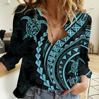 Polynesian Pride Women Casual Shirt Turtle Hibiscus Luxury Style - Aquamarine LT7 Female Aquamarine - Polynesian Pride