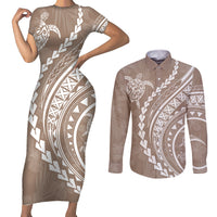Polynesian Pride Couples Matching Short Sleeve Bodycon Dress and Long Sleeve Button Shirts Turtle Hibiscus Luxury Style - Beige LT7 Beige - Polynesian Pride