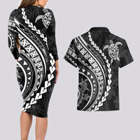 Polynesian Pride Couples Matching Long Sleeve Bodycon Dress and Hawaiian Shirt Turtle Hibiscus Luxury Style - Black LT7 - Polynesian Pride