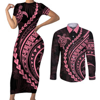 Polynesian Pride Couples Matching Short Sleeve Bodycon Dress and Long Sleeve Button Shirts Turtle Hibiscus Luxury Style - Carnation Pink LT7 Carnation Pink - Polynesian Pride