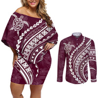 Polynesian Pride Couples Matching Off Shoulder Short Dress and Long Sleeve Button Shirts Turtle Hibiscus Luxury Style - Champagne LT7 Champagne - Polynesian Pride