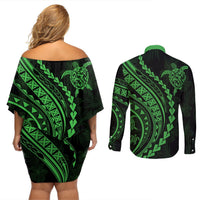 Polynesian Pride Couples Matching Off Shoulder Short Dress and Long Sleeve Button Shirts Turtle Hibiscus Luxury Style - Green LT7 - Polynesian Pride