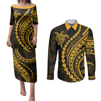 Polynesian Pride Couples Matching Puletasi Dress and Long Sleeve Button Shirts Turtle Hibiscus Luxury Style - Merigold LT7 Merigold - Polynesian Pride
