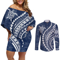 Polynesian Pride Couples Matching Off Shoulder Short Dress and Long Sleeve Button Shirts Turtle Hibiscus Luxury Style - Navy LT7 Navy - Polynesian Pride