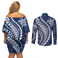 Polynesian Pride Couples Matching Off Shoulder Short Dress and Long Sleeve Button Shirts Turtle Hibiscus Luxury Style - Navy LT7 - Polynesian Pride