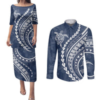 Polynesian Pride Couples Matching Puletasi Dress and Long Sleeve Button Shirts Turtle Hibiscus Luxury Style - Navy LT7 Navy - Polynesian Pride