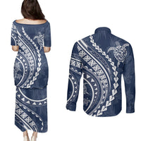 Polynesian Pride Couples Matching Puletasi Dress and Long Sleeve Button Shirts Turtle Hibiscus Luxury Style - Navy LT7 - Polynesian Pride