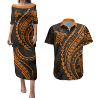 Polynesian Pride Couples Matching Puletasi Dress and Hawaiian Shirt Turtle Hibiscus Luxury Style - Orange LT7 Orange - Polynesian Pride