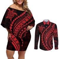 Polynesian Pride Couples Matching Off Shoulder Short Dress and Long Sleeve Button Shirts Turtle Hibiscus Luxury Style - Rose LT7 Rose - Polynesian Pride