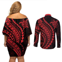 Polynesian Pride Couples Matching Off Shoulder Short Dress and Long Sleeve Button Shirts Turtle Hibiscus Luxury Style - Rose LT7 - Polynesian Pride