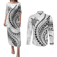 Polynesian Pride Couples Matching Puletasi Dress and Long Sleeve Button Shirts Turtle Hibiscus Luxury Style - White LT7 White - Polynesian Pride