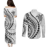 Polynesian Pride Couples Matching Puletasi Dress and Long Sleeve Button Shirts Turtle Hibiscus Luxury Style - White LT7 - Polynesian Pride