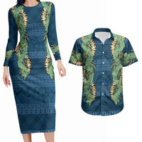 Hawai'i Paniolo Maile Twisted Lei Couples Matching Long Sleeve Bodycon Dress and Hawaiian Shirt Cobalt Blue LT7 Cobalt Blue - Polynesian Pride