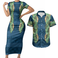 Hawai'i Paniolo Maile Twisted Lei Couples Matching Short Sleeve Bodycon Dress and Hawaiian Shirt Cobalt Blue LT7 Cobalt Blue - Polynesian Pride