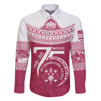 Personalised Fiji Adi Cakobau School Family Matching Long Sleeve Bodycon Dress and Hawaiian Shirt ACS Old Girls Lotus Mix Masi LT7 Dad's Shirt - Long Sleeve Crimson - Polynesian Pride