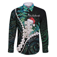 New Zealand Personalised Family Matching Off The Shoulder Long Sleeve Dress and Hawaiian Shirt Meri Kirihimete Kowhaiwhai Mix Paua Shell - Emerald