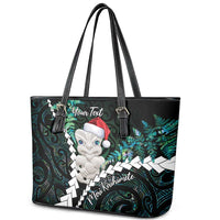 New Zealand Personalised Leather Tote Bag Meri Kirihimete Kowhaiwhai Mix Paua Shell - Emerald