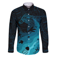 Polynesian Shark Family Matching Off Shoulder Long Sleeve Dress and Hawaiian Shirt Under The Waves LT7 Dad's Shirt - Long Sleeve Dark Blue - Polynesian Pride
