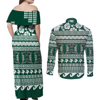 Hawaii Rainbow Warriors Christmas Couples Matching Off Shoulder Maxi Dress and Long Sleeve Button Shirt Kakau Motifs LT7 - Polynesian Pride