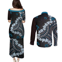 Bula Fiji Women's Day Couples Matching Puletasi and Long Sleeve Button Shirt Indigo Masi Tapa LT7 - Polynesian Pride