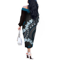 Bula Fiji Women's Day Off The Shoulder Long Sleeve Dress Indigo Masi Tapa