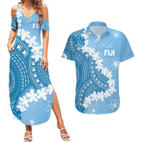 Bula Fiji Women's Day Couples Matching Summer Maxi Dress and Hawaiian Shirt Turquoise Masi Tapa