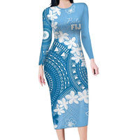 Bula Fiji Women's Day Family Matching Long Sleeve Bodycon Dress and Hawaiian Shirt Turquoise Masi Tapa