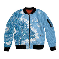 Bula Fiji Women's Day Sleeve Zip Bomber Jacket Turquoise Masi Tapa